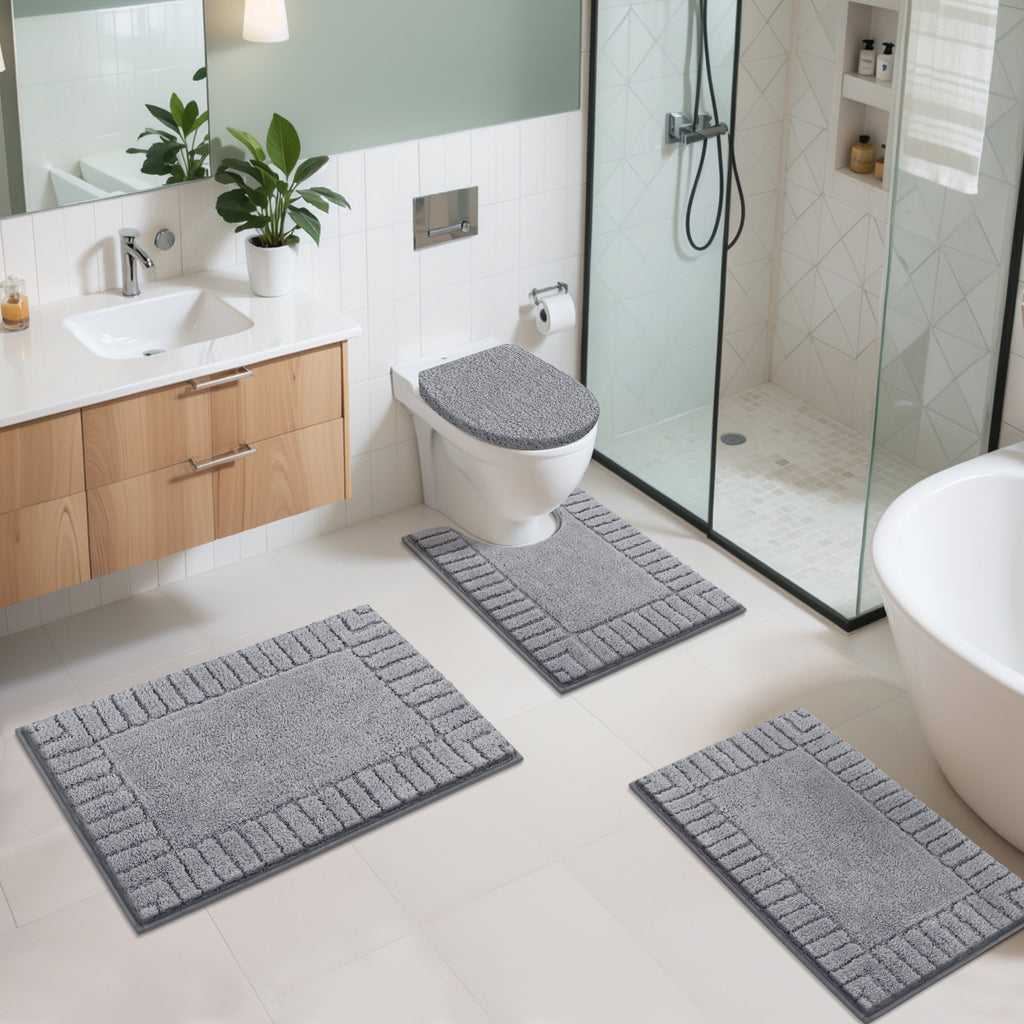 MeyJey Bathroom Rugs Bath Mat Set 4 Pieces , Microfiber Shaggy Bath Set, Non-Slip Machine Washable Bath Mats for Bathroom, Tub, Shower with Contour Mat