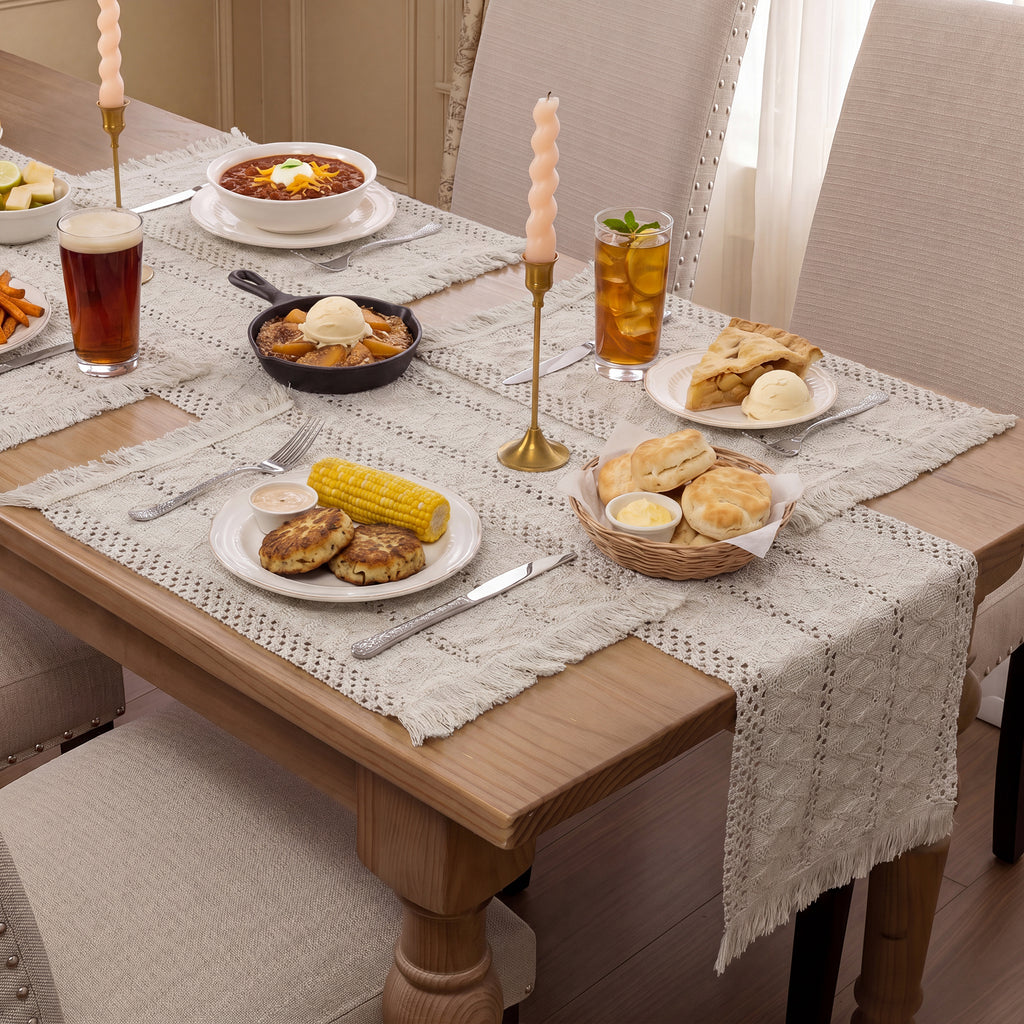 MeyJey 5 Pcs Table Runner and Placemats Set, Washable Fabric Rectangle Dining Table Mats with Tassels for Dining Tables, Kitchen, Beige