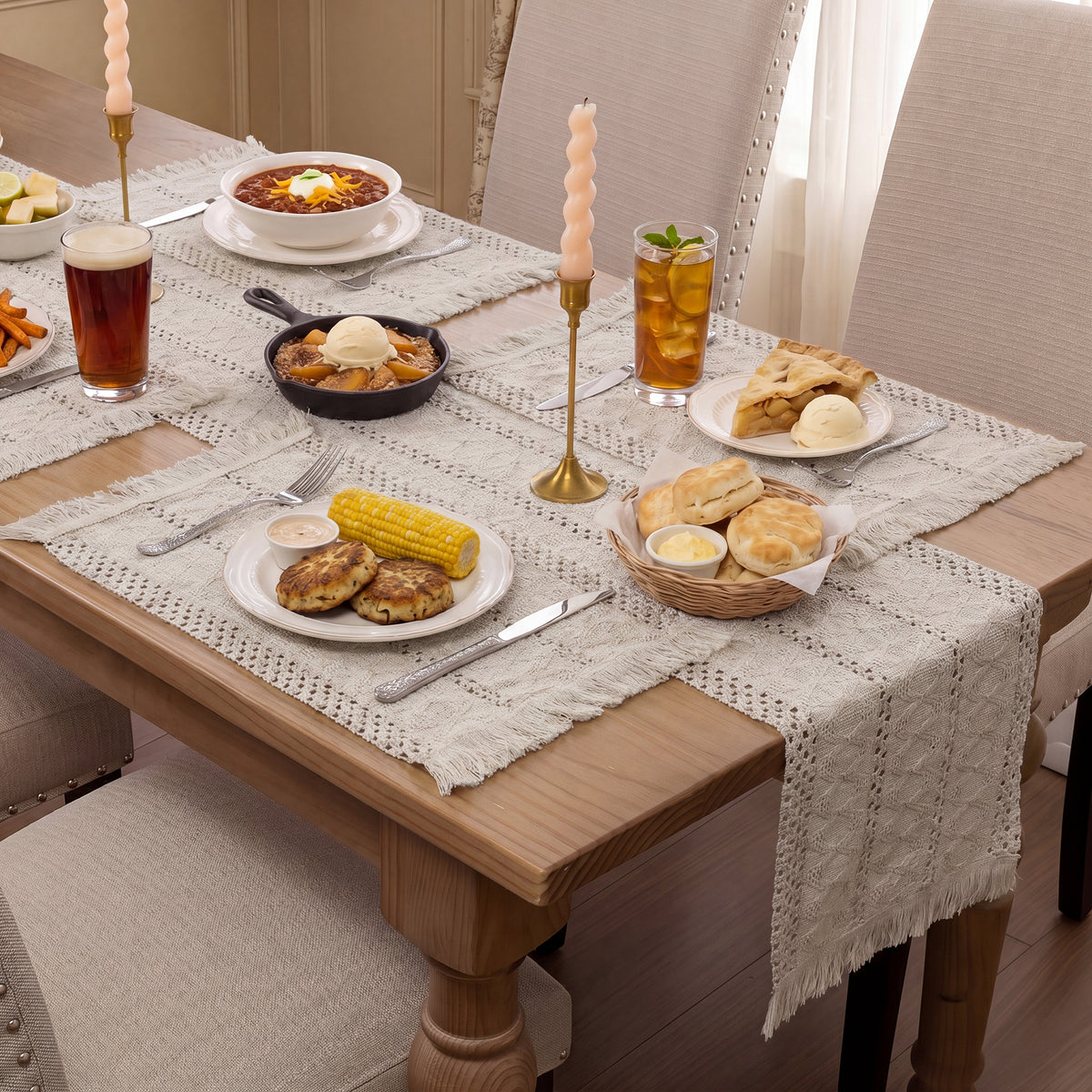 MeyJey 5 Pcs Table Runner and Placemats Set, Washable Fabric Rectangle Dining Table Mats with Tassels for Dining Tables, Kitchen, Beige