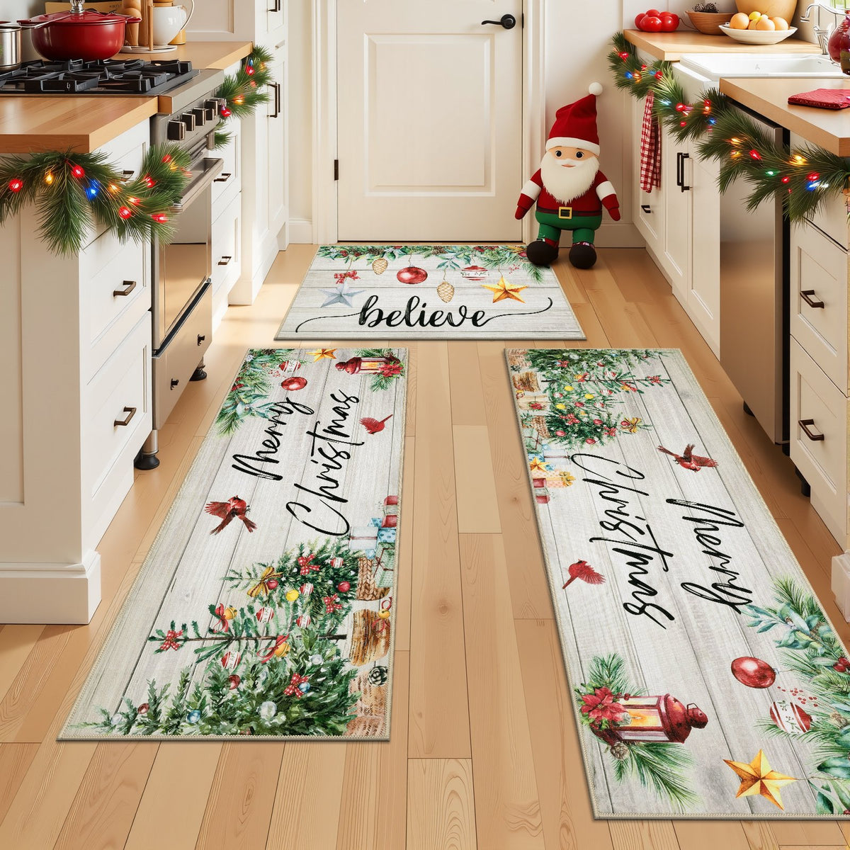 MeyJey Christmas Kitchen Rugs Sets of 3, Non Slip Christmas Rug for Kitchen, Farmhouse Kitchen Mats for Floor Washable Floor Carpet Set for Winter Xmas Holiday Decoration