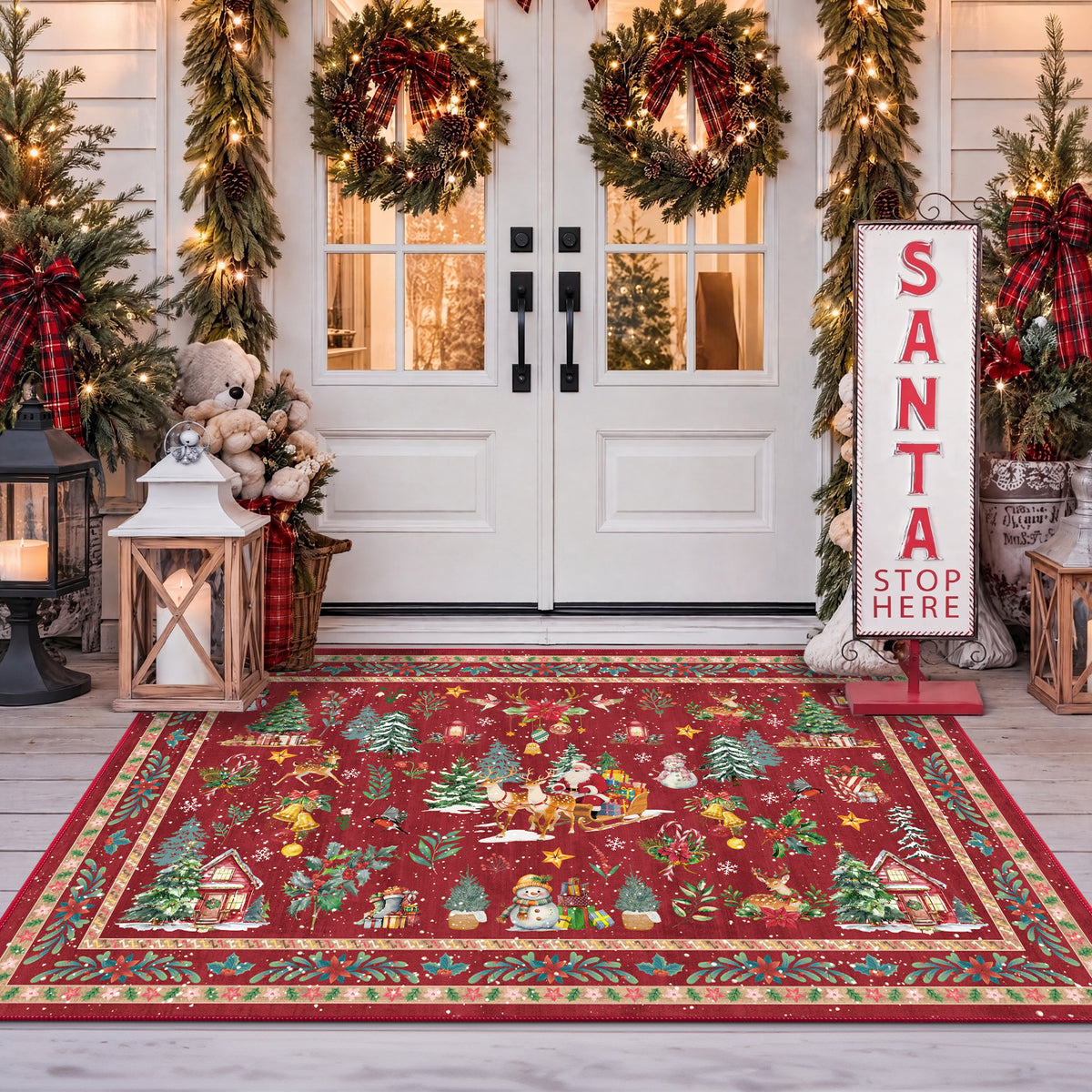 MeyJey 32"x48" Christmas Door Mat, Christmas Snowman Reindeer pattern Doormat, Non Slip Red Front Door Mats for Entryway Indoor Outdoor, Washable Low Profile Floor Carpet for Xmas Holiday Decor