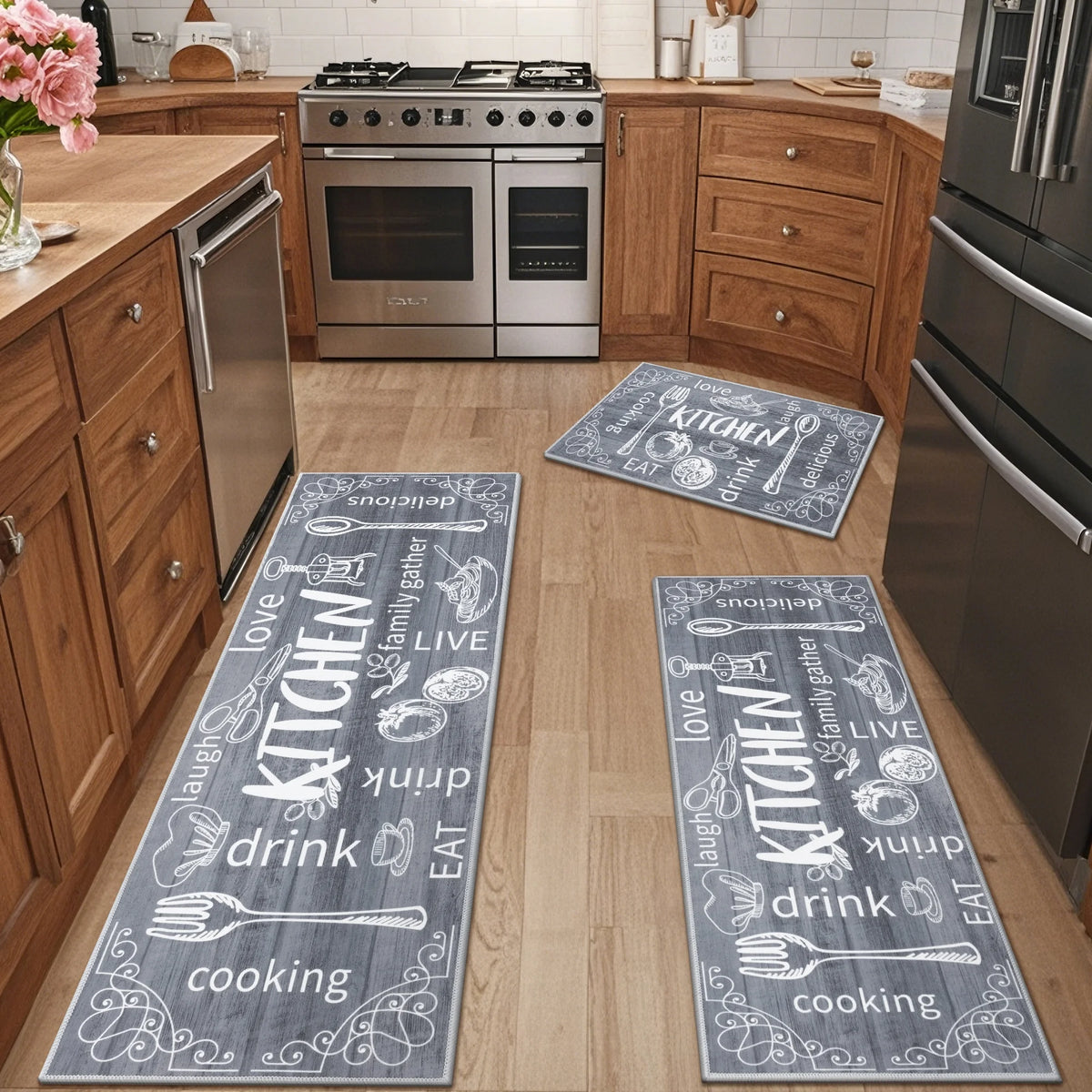 MeyJey Farmhouse Kitchen Rug Set of 3 - Non Slip, Machine Washable Low Pile Floor Mats, Water Repellent Rugs for Kitchen, Dining & Laundry Room