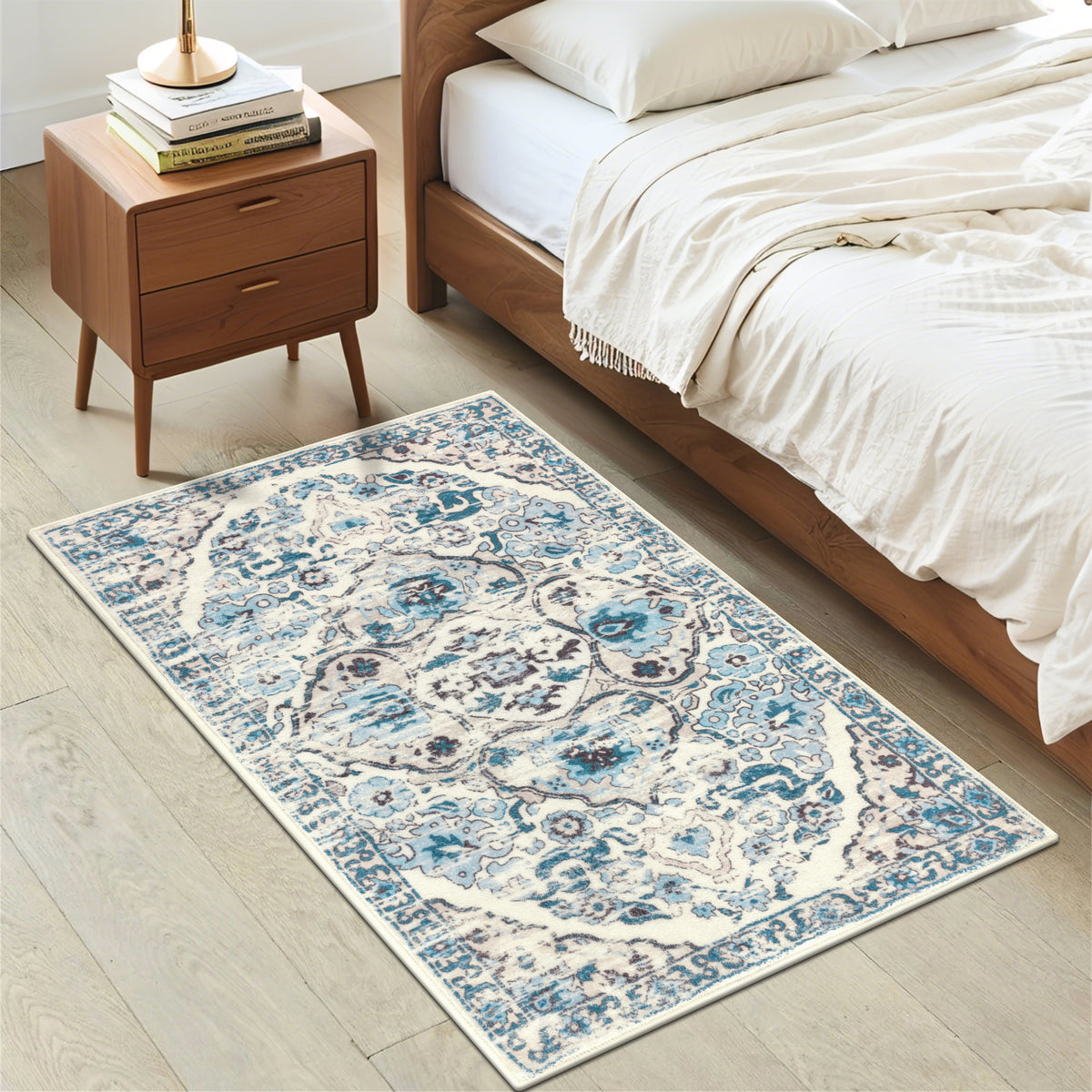 MeyJey Boho Indoor Hallway Runner Rug, Oriental Non Slip Machine Washable Area Rug Distressed Vintage Floor Carpet for Bedroom Kitchen Dinning/Living/Laundry Room, Blue/Beige