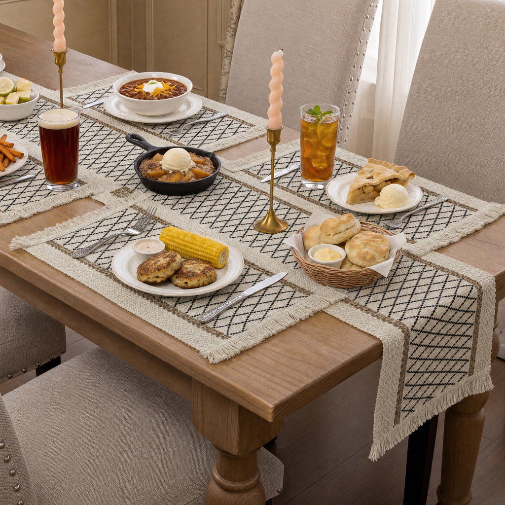 MeyJey 5 Pcs Table Runner and Placemats Set, Washable Fabric Rectangle Dining Table Mats with Tassels for Dining Tables, Kitchen, Black/Beige/Brown
