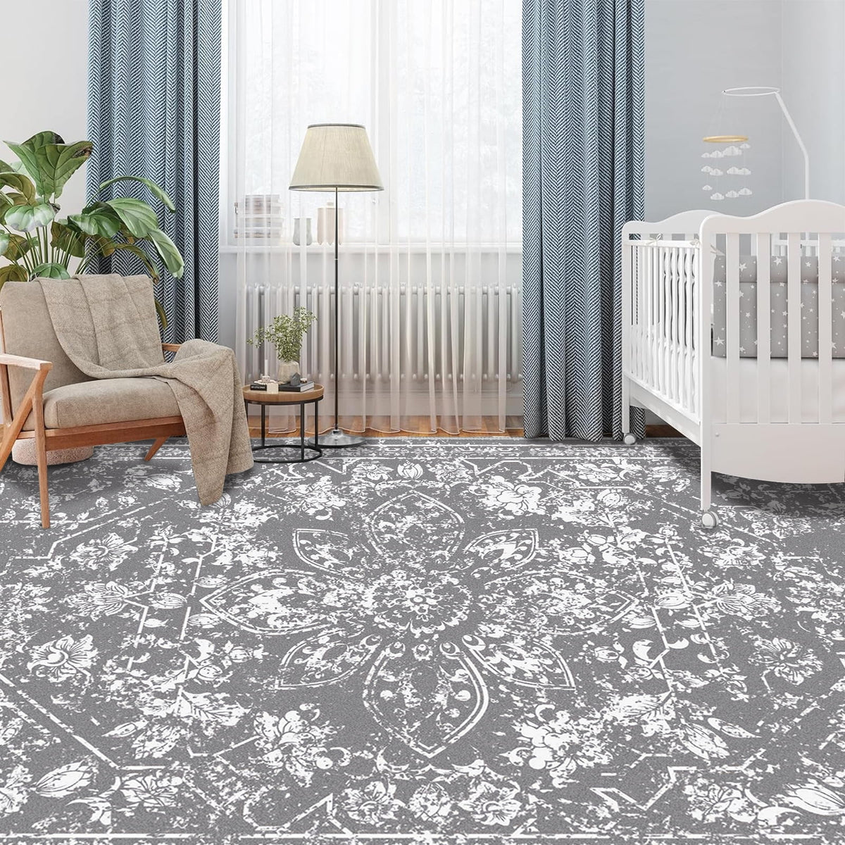MeyJey Floral Indoor Area Rug 8'x10' Non-Slip Machine Washable Vintage Distressed Floor Carpet for Living Room Bedroom Dining Kitchen Hallway, Gray
