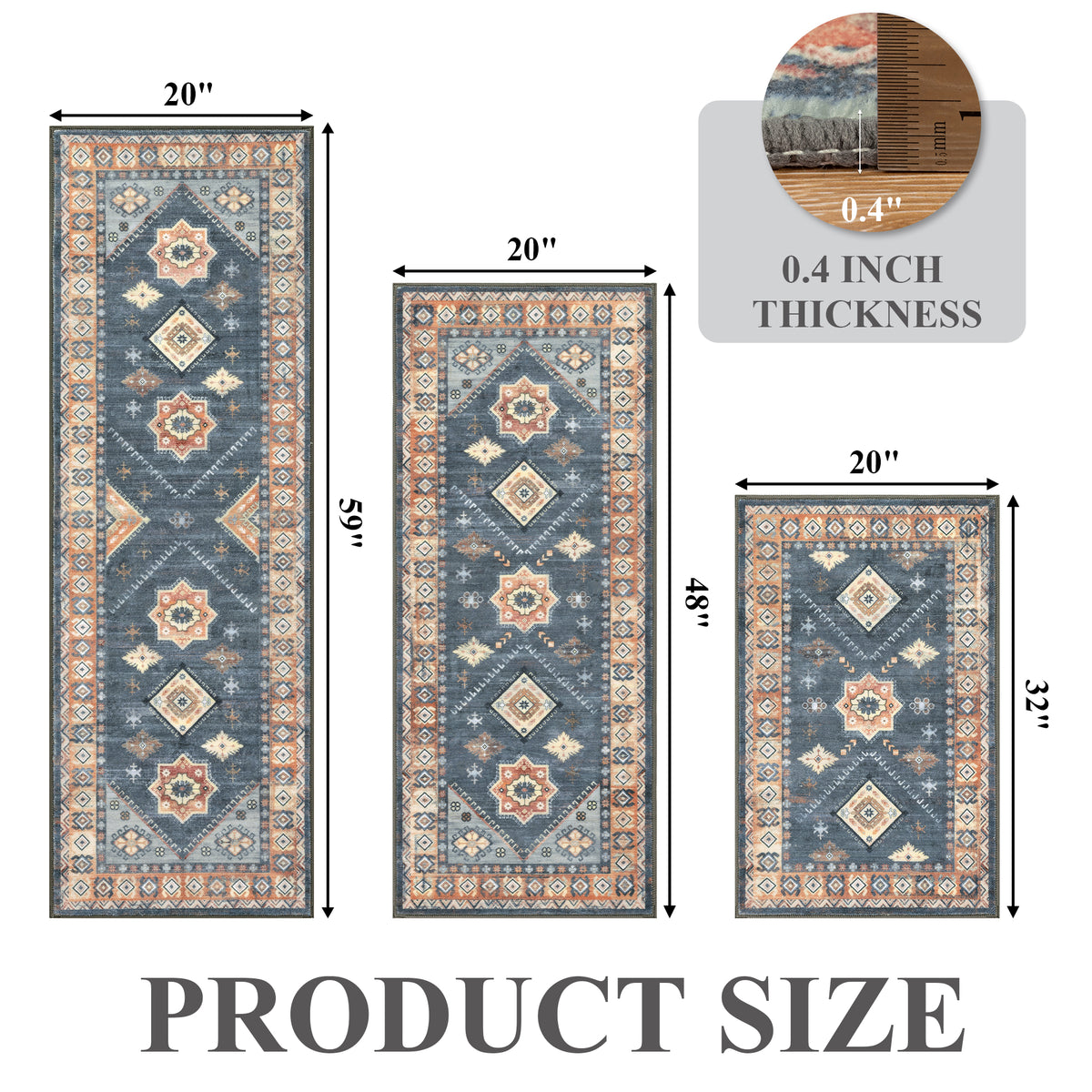 eyJey Vintage Kitchen Rug Set, 3 Piece Non-Slip Kitchen Mat Machine Washable Runner Rug for Home Floor and Living Room