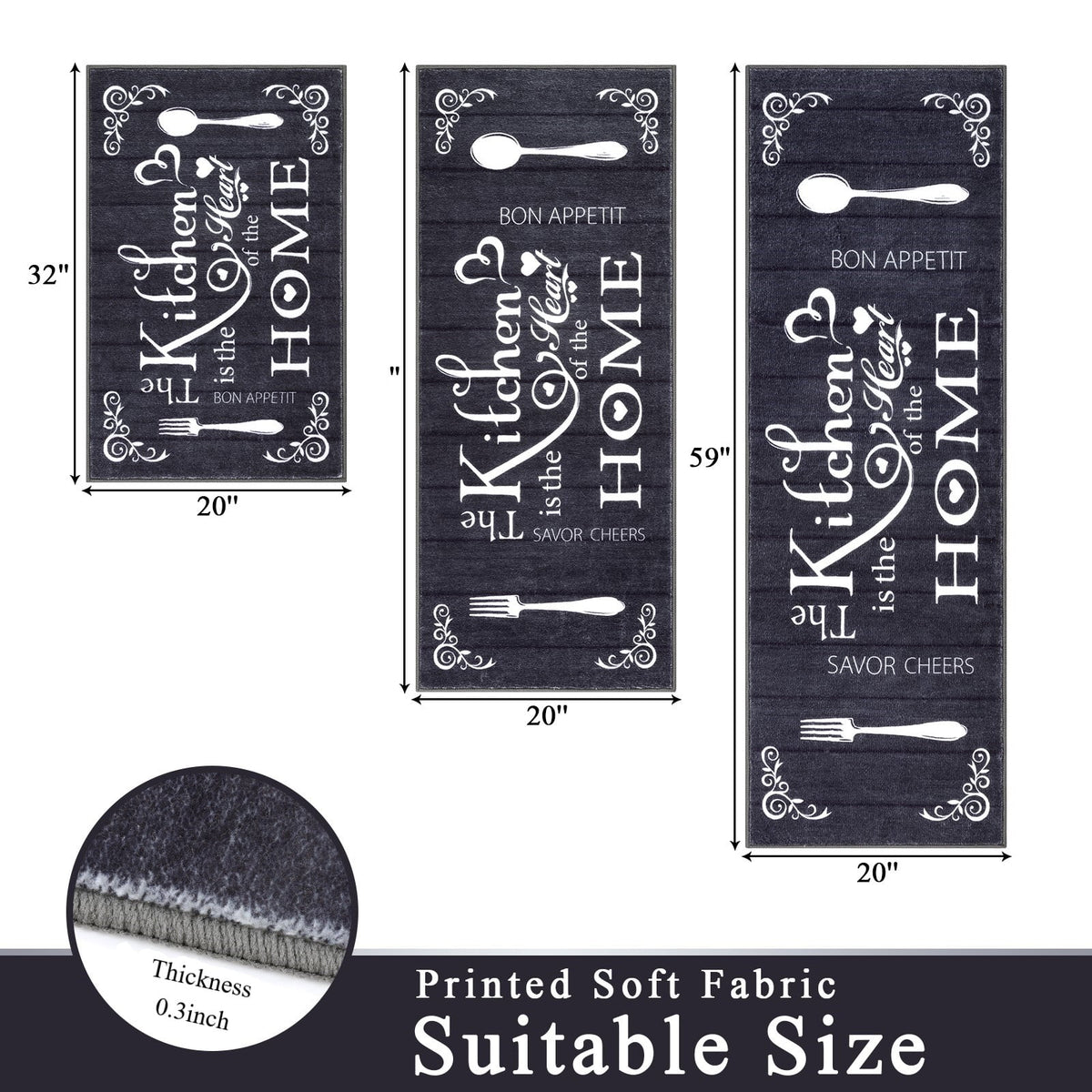 MeyJey Farmhouse Kitchen Rug Set, 3 Piece Non-Slip Kitchen Mat Machine Washable Runner Rug for Home Floor and Living Room, Washed