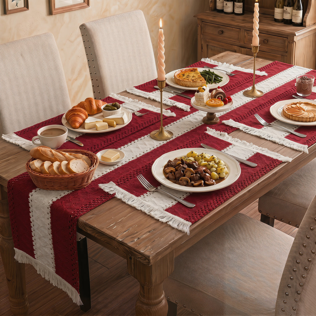 MeyJey 5Pcs Table Runner and Placemats Set, Washable Fabric Rectangle Dining Table Mats with Tassels for Dining Tables, Kitchen, Red
