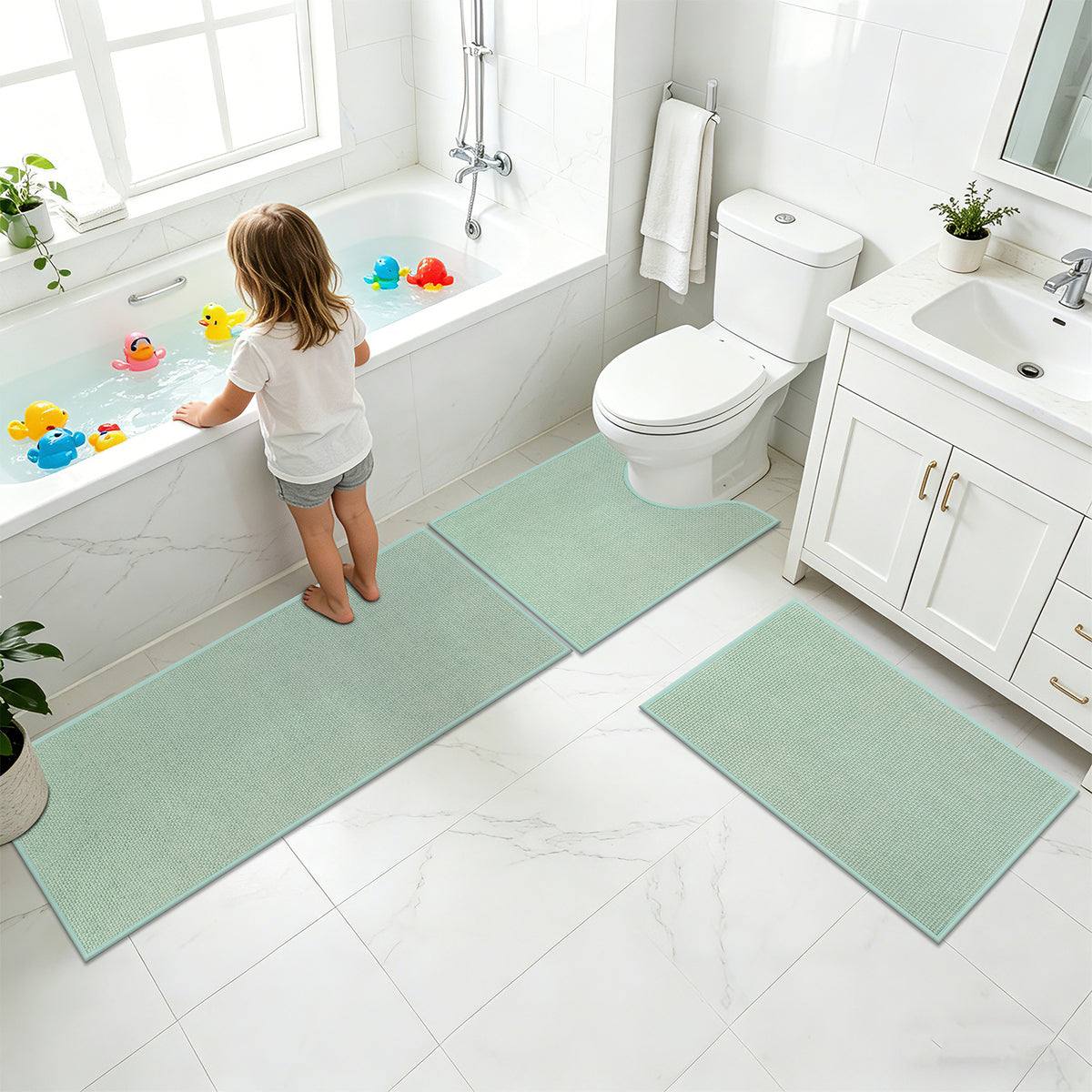 Ileading 3pcs Bathroom Rugs Set with U-Shaped Mat, Non Slip, Soft, Absorbent Bath Mats for Tub, Shower, Toilet 18"x26"+18"x48"+U Shape 20"x24" Green