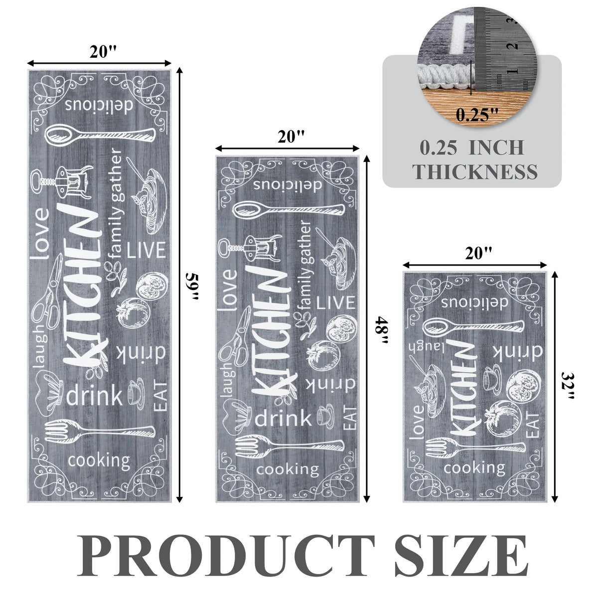 MeyJey Farmhouse Kitchen Rug Set of 3 - Non Slip, Machine Washable Low Pile Floor Mats, Water Repellent Rugs for Kitchen, Dining & Laundry Room