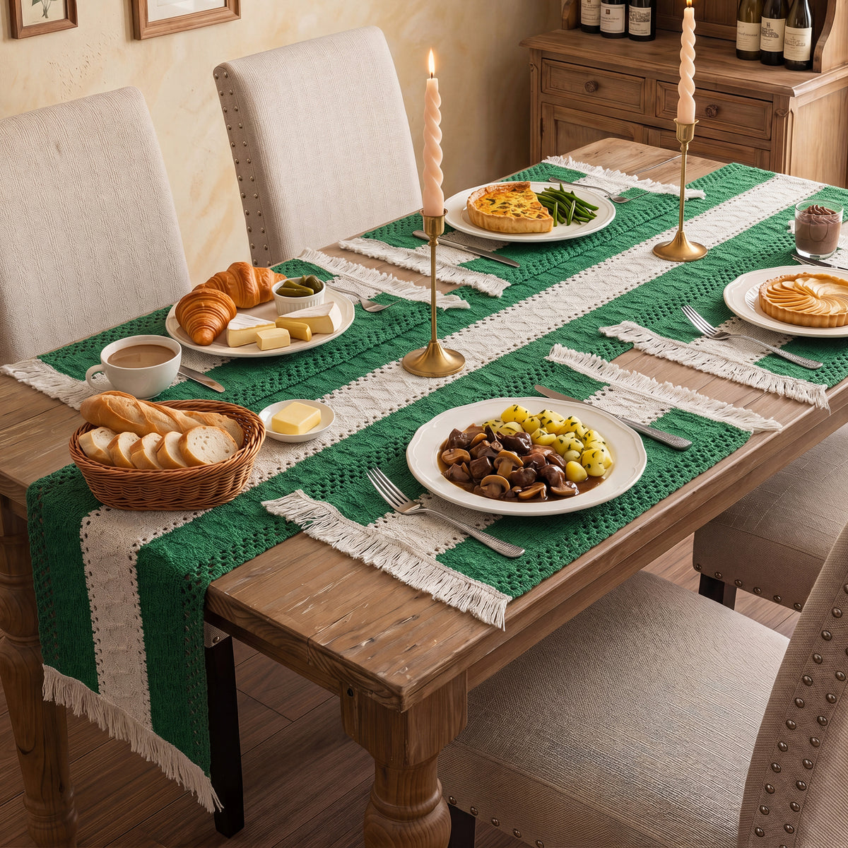 MeyJey 5 Pcs Table Runner and Placemats Set, Washable Fabric Rectangle Dining Table Mats with Tassels for Dining Tables, Kitchen, Green/Beige