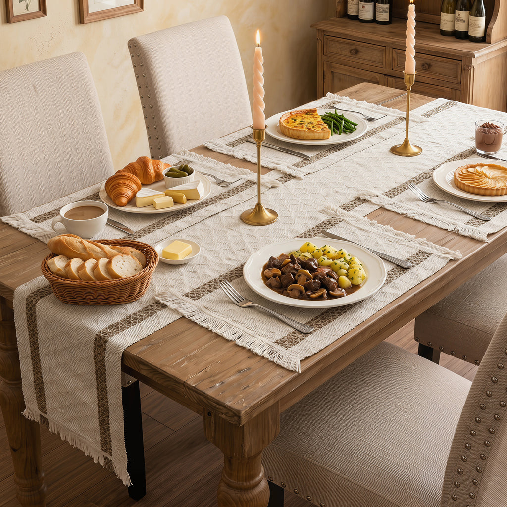 MeyJey 5 Pcs Table Runner and Placemats Set, Washable Fabric Rectangle Dining Table Mats with Tassels for Dining Tables, Kitchen, khaki