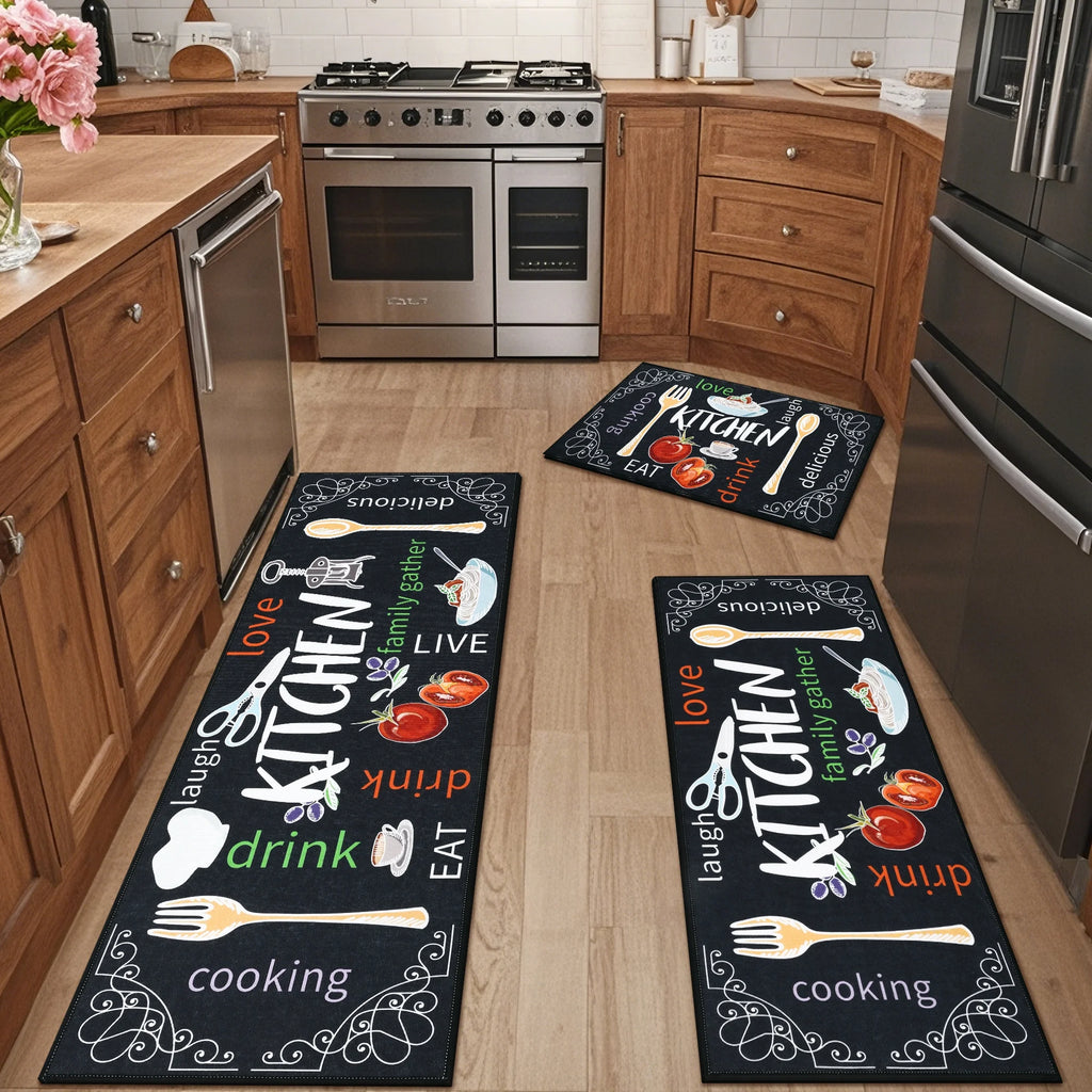 MeyJey Farmhouse Kitchen Rug Set of 3 - Non Slip, Machine Washable Low Pile Floor Mats, Water Repellent Rugs for Kitchen, Dining & Laundry Room, Black/Red/Yellow