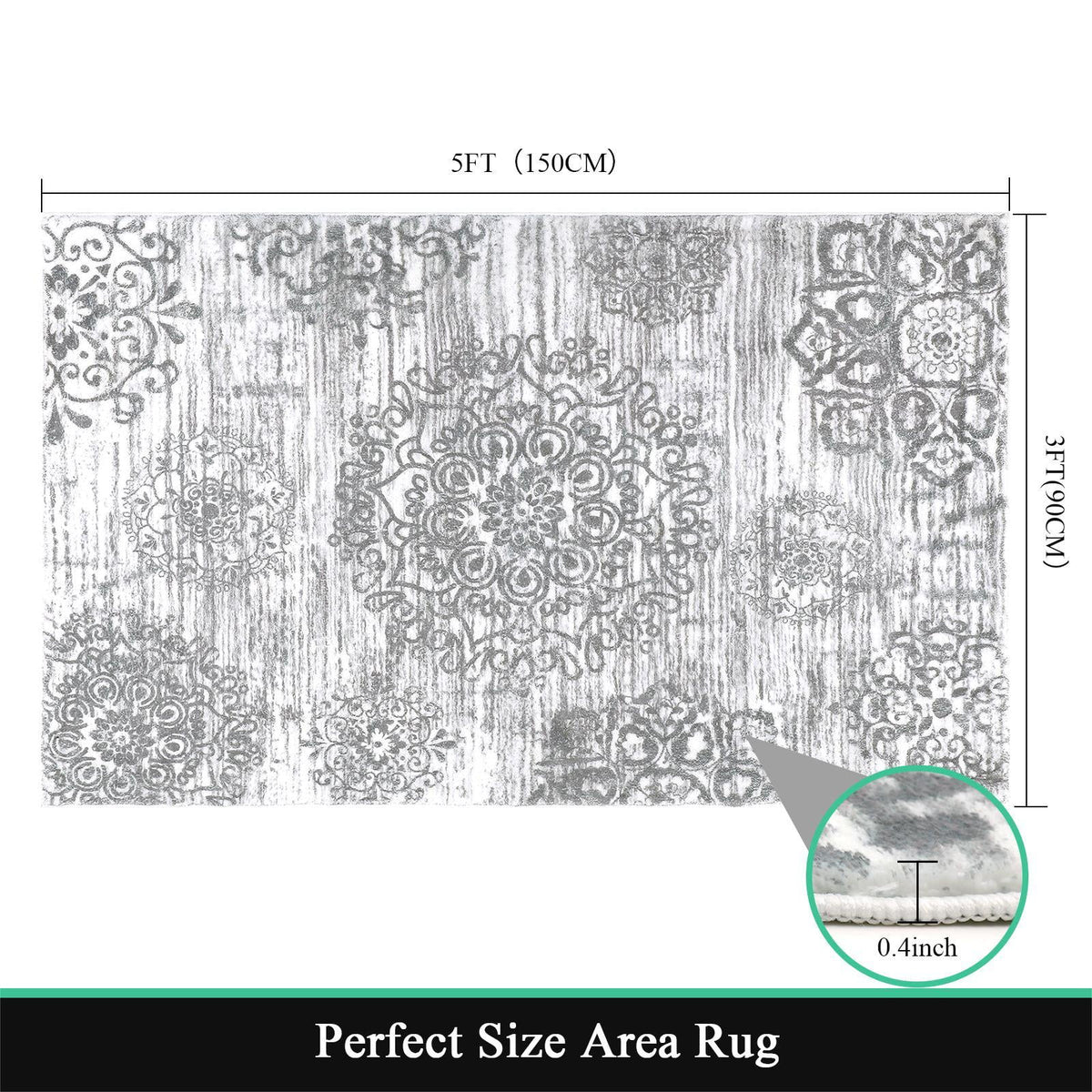 MeyJey Boho Indoor Area Rug Non-Slip Machine Washable Vintage Distressed Floor Carpet for Living Room Bedroom Dining Kitchen Hallway, Light Gray