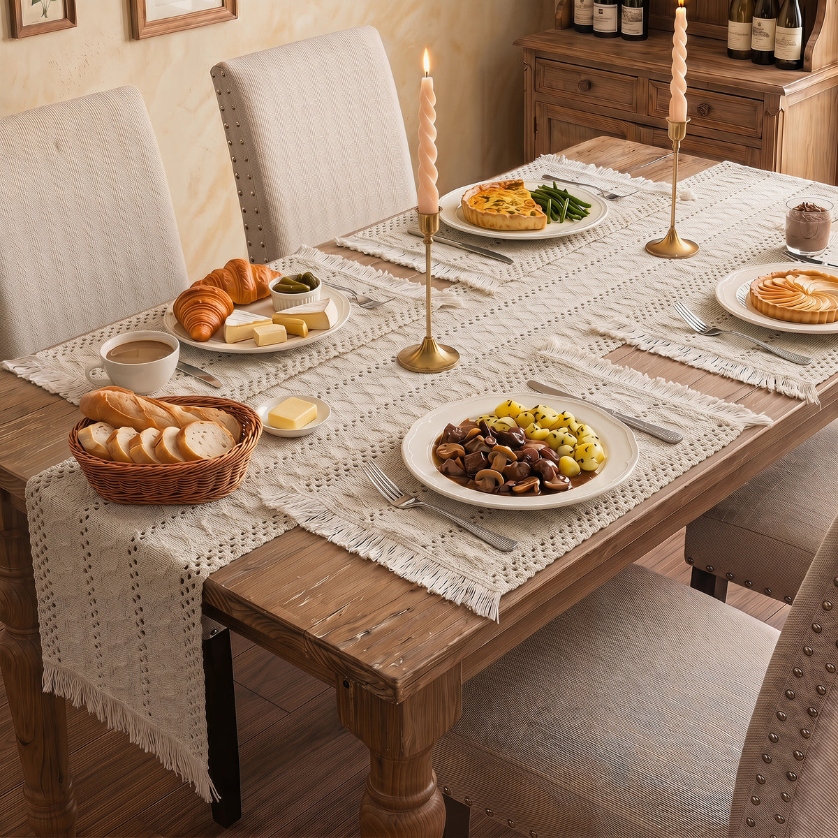 MeyJey 5 Pcs Table Runner and Placemats Set, Washable Fabric Rectangle Dining Table Mats with Tassels for Dining Tables, Kitchen, Beige