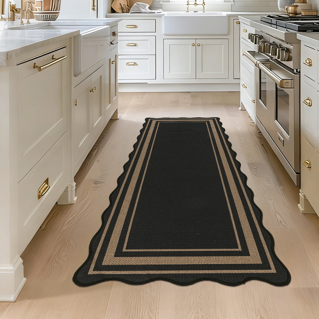 MeyJey 2'x5' Runner Rug for Hallway, Washable Kitchen Rugs Non Slip Solid Tan Jute Scalloped Indoor Carpet for Entryway Laundry Room Floor Mats