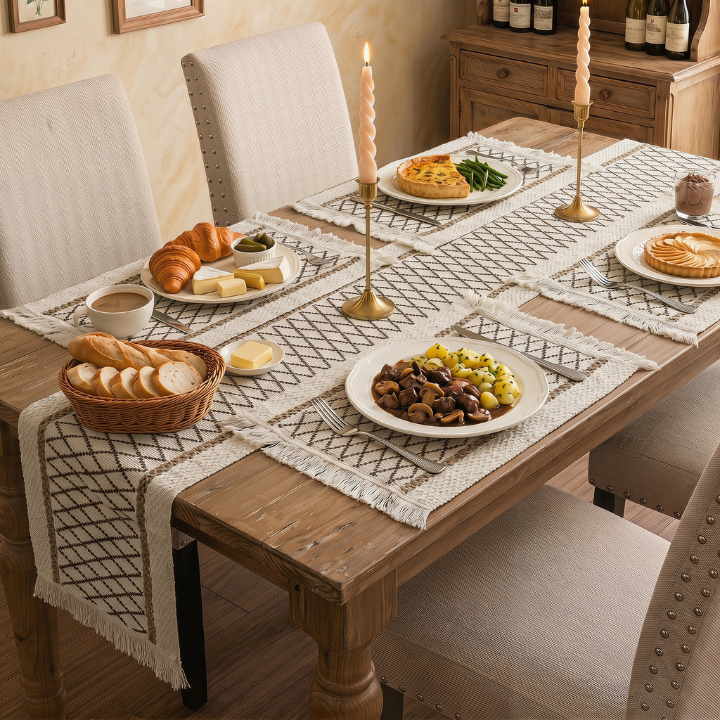 MeyJey 5 Pcs Table Runner and Placemats Set, Washable Fabric Rectangle Dining Table Mats with Tassels for Dining Tables, Kitchen, Black/Beige/Brown