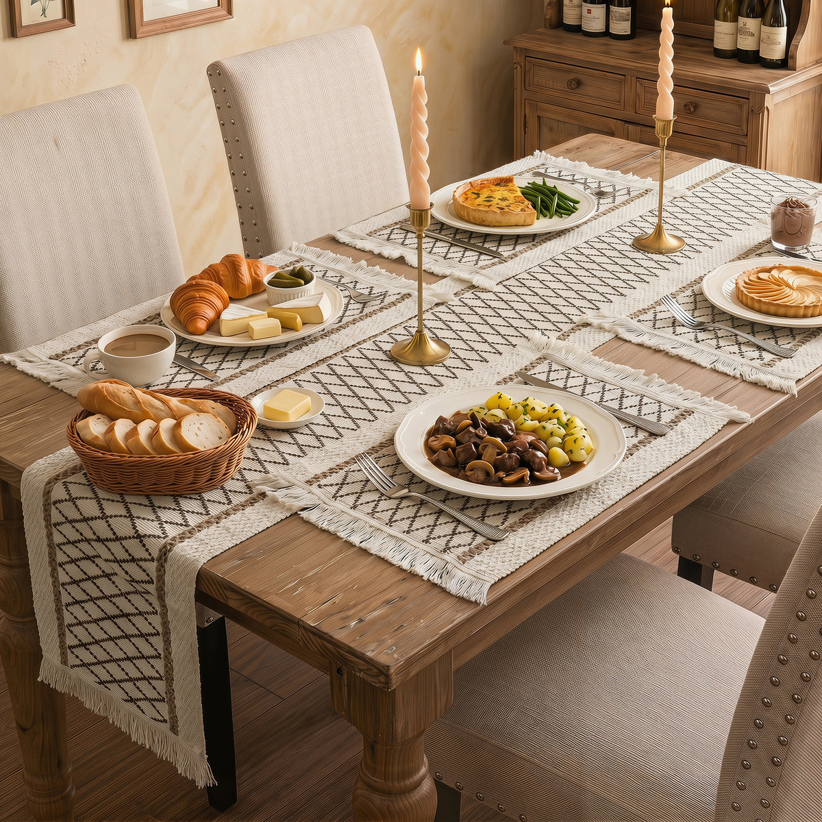 MeyJey 5 Pcs Table Runner and Placemats Set, Washable Fabric Rectangle Dining Table Mats with Tassels for Dining Tables, Kitchen, Black/Beige/Brown