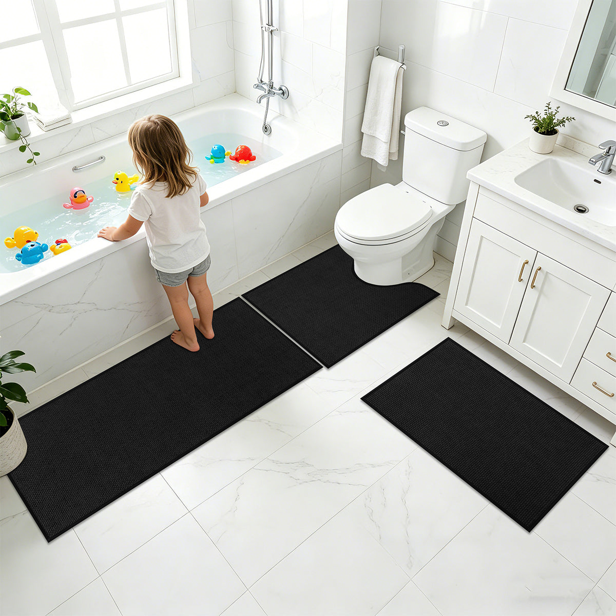 Ileading 3pcs Bathroom Rugs Set with U-Shaped Mat, Non Slip, Soft, Absorbent Bath Mats for Tub, Shower, Toilet 18"x26"+18"x48"+U Shape 20"x24" Black
