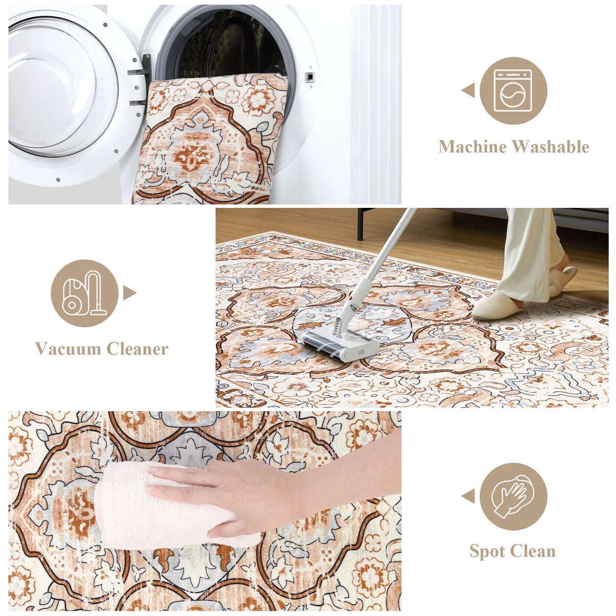 MeyJey Boho Indoor Hallway Runner Rug, Oriental Non Slip Machine Washable Area Rug Distressed Vintage Floor Carpet for Bedroom Kitchen Dinning/Living/Laundry Room, Cream/Orange