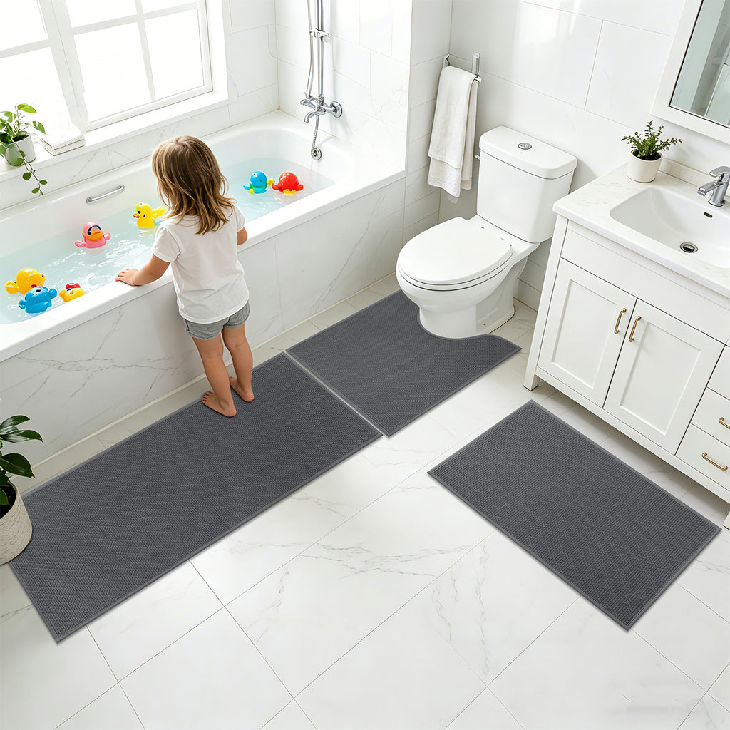 Ileading 3pcs Bathroom Rugs Set with U-Shaped Mat, Non Slip, Soft, Absorbent Bath Mats for Tub, Shower, Toilet 18"x26"+18"x48"+U Shape 20"x24" Gray