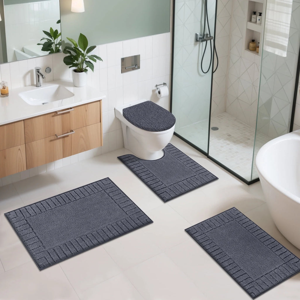MeyJey Bathroom Rugs Bath Mat Set 4 Pieces , Microfiber Shaggy Bath Set, Non-Slip Machine Washable Bath Mats for Bathroom, Tub, Shower with Contour Mat