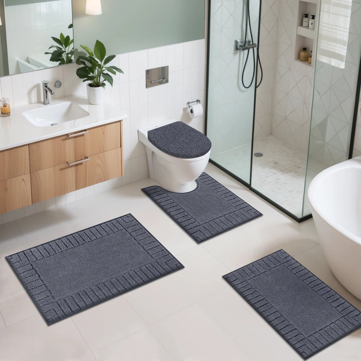 MeyJey Bathroom Rugs Bath Mat Set 4 Pieces , Microfiber Shaggy Bath Set, Non-Slip Machine Washable Bath Mats for Bathroom, Tub, Shower with Contour Mat