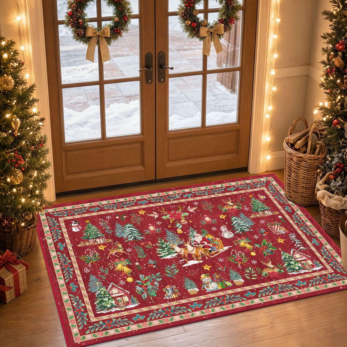 MeyJey 32"x48" Christmas Door Mat, Christmas Snowman Reindeer pattern Doormat, Non Slip Red Front Door Mats for Entryway Indoor Outdoor, Washable Low Profile Floor Carpet for Xmas Holiday Decor