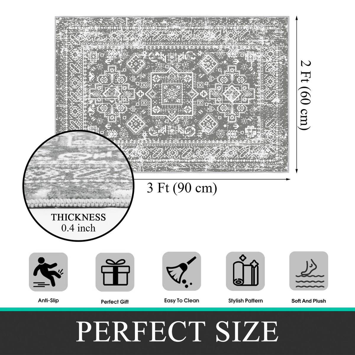 MeyJey Oriental Indoor Area Rug 2'x3' Non-Slip Machine Washable Vintage Distressed Floor Carpet for Living Room Bedroom Dining Kitchen Hallway, Gray