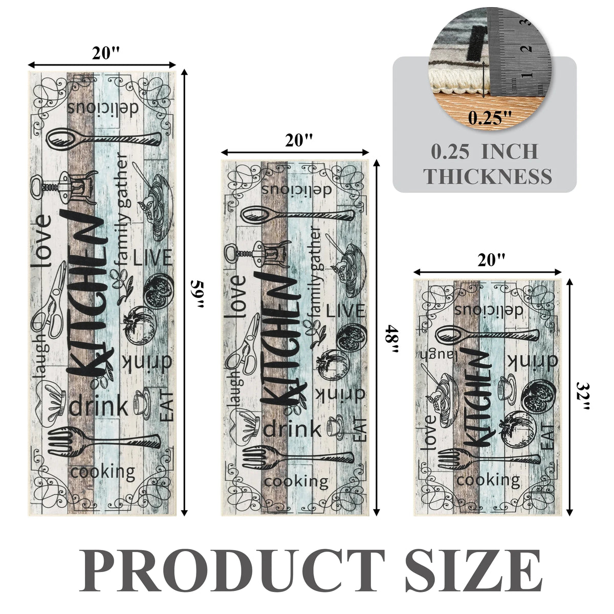 MeyJey Farmhouse Kitchen Rug Set of 3 - Non Slip, Machine Washable Low Pile Floor Mats, Water Repellent Rugs for Kitchen, Dining & Laundry Room