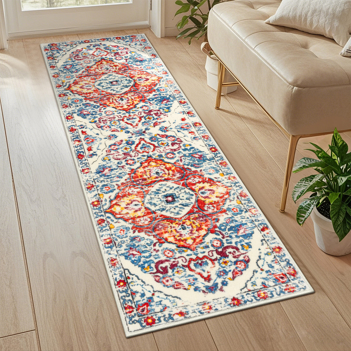 MeyJey Boho Indoor Hallway Runner Rug, Oriental Non Slip Machine Washable Area Rug Distressed Vintage Floor Carpet for Bedroom Kitchen Dinning/Living/Laundry Room, Red/Blue/Beige