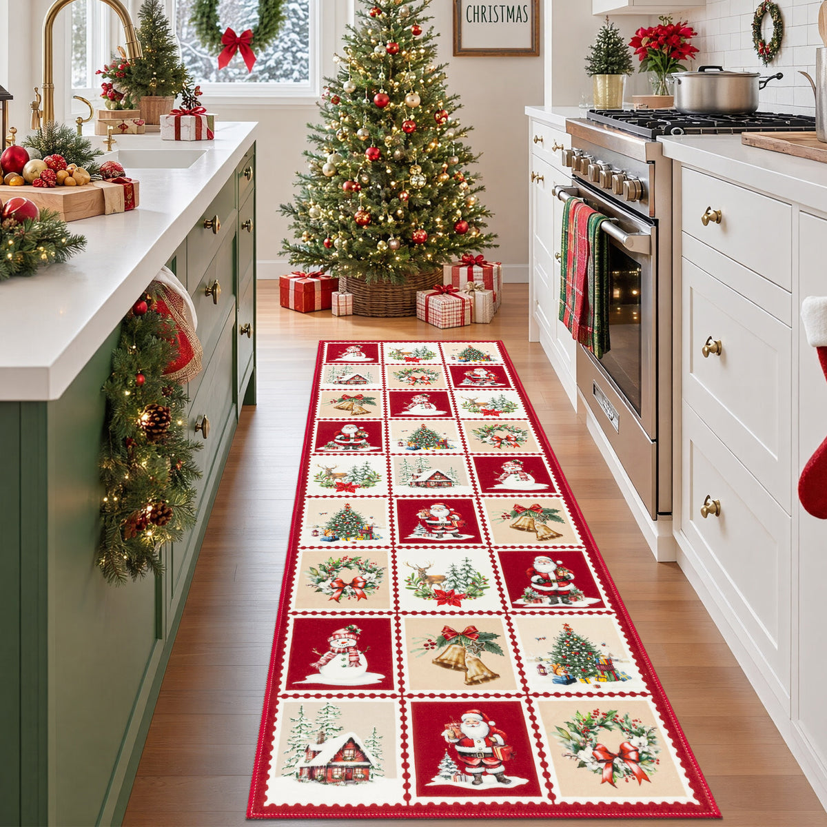 MeyJey 2'x6' Christmas Runner Rug for Hallway , Non Slip Machine Washable Rugs Holiday Decoration Floor Carpet for Bedroom Kitchen Living Room, Red/Green/White