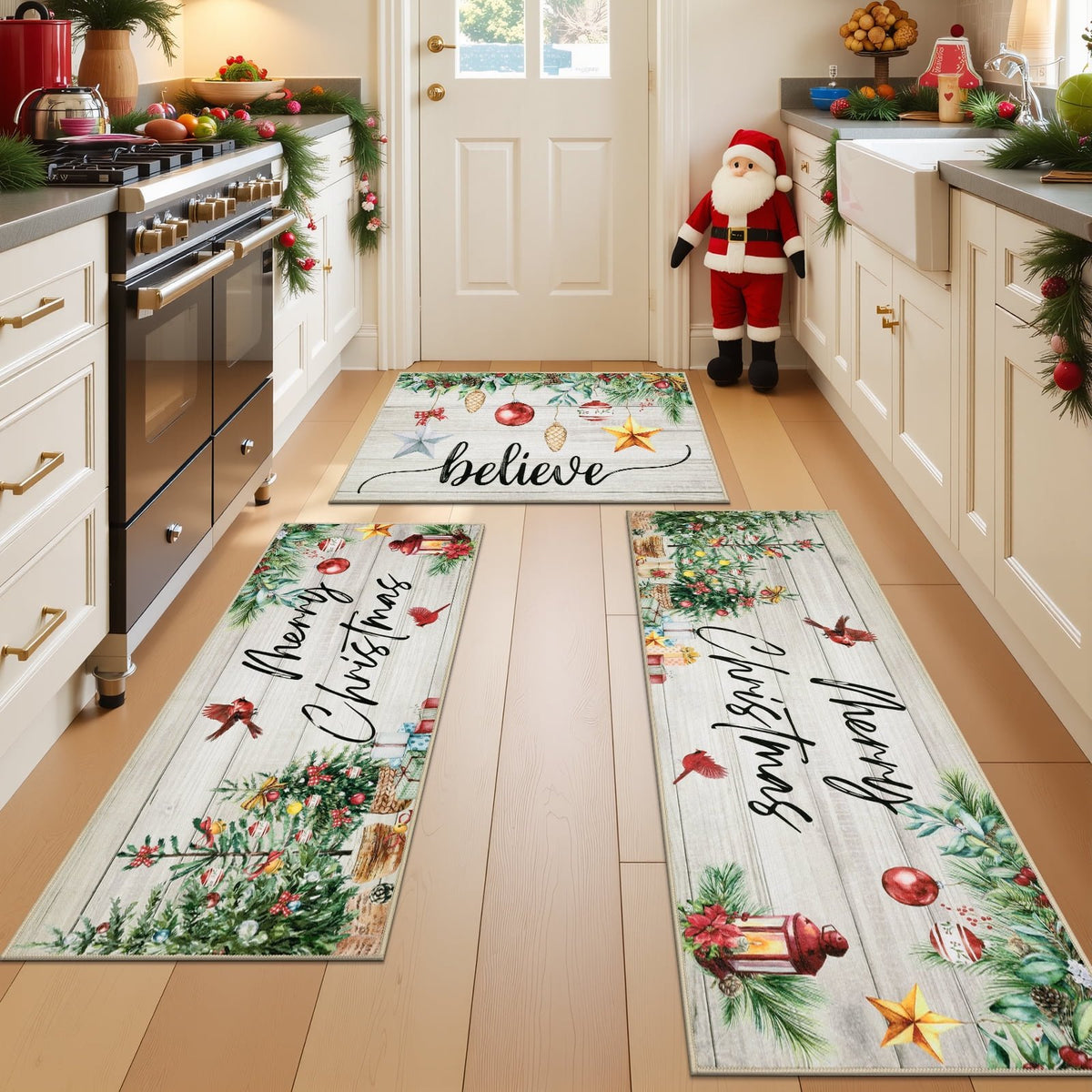 MeyJey Christmas Kitchen Rugs Sets of 3, Non Slip Christmas Rug for Kitchen, Farmhouse Kitchen Mats for Floor Washable Floor Carpet Set for Winter Xmas Holiday Decoration