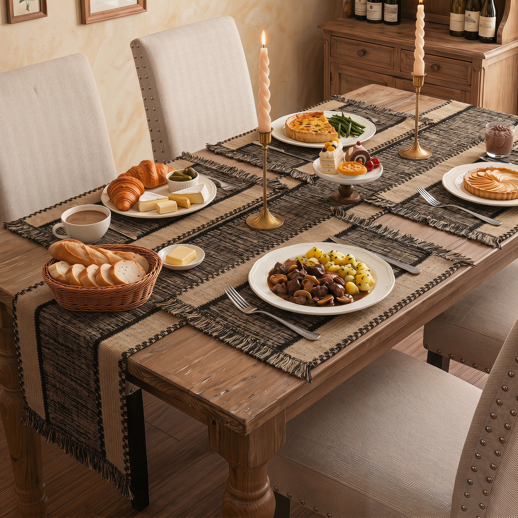 MeyJey 5Pcs Table Runner and Placemats Set, Washable Fabric Rectangle Dining Table Mats with Tassels for Dining Tables, Kitchen, Black/Beige