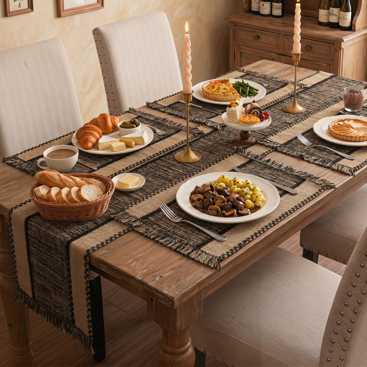 MeyJey 5Pcs Table Runner and Placemats Set, Washable Fabric Rectangle Dining Table Mats with Tassels for Dining Tables, Kitchen, Black/Beige