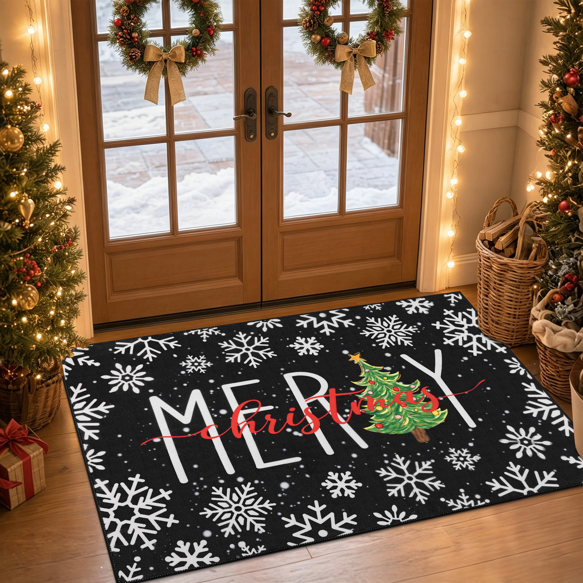 MeyJey 32"x48" Christmas Door Mat, Christmas snowflake pattern Doormat, Non Slip Red Front Door Mats for Entryway Indoor Outdoor, Washable Low Profile Floor Carpet for Xmas Holiday Decor