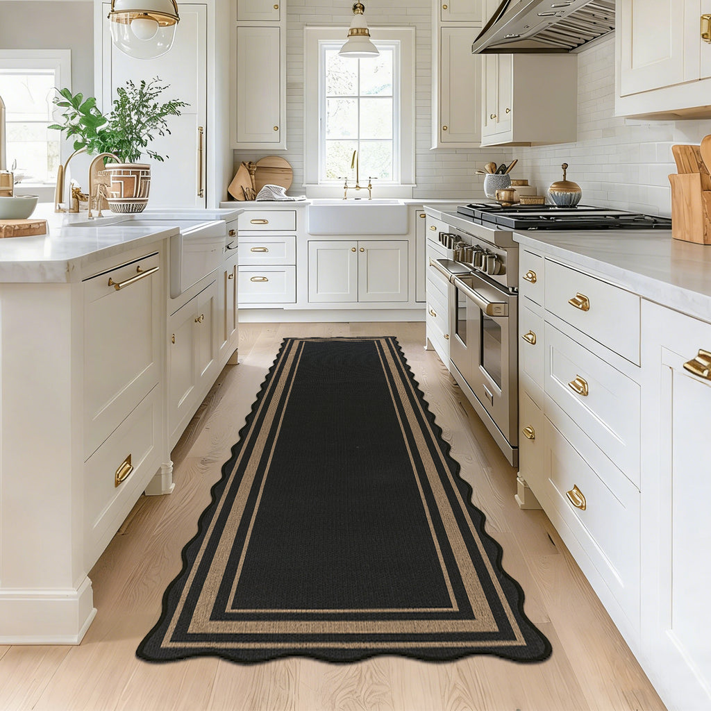 MeyJey 2'x8' Runner Rug for Hallway, Washable Kitchen Rugs Non Slip Solid Tan Jute Scalloped Indoor Carpet for Entryway Laundry Room Floor Mats