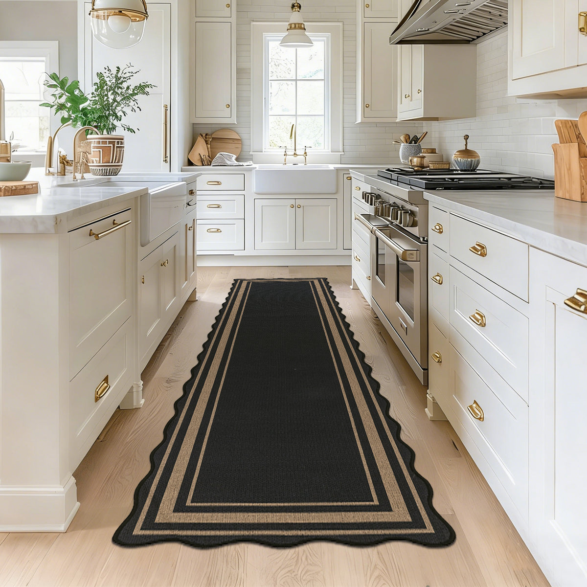 MeyJey 2'x8' Runner Rug for Hallway, Washable Kitchen Rugs Non Slip Solid Tan Jute Scalloped Indoor Carpet for Entryway Laundry Room Floor Mats
