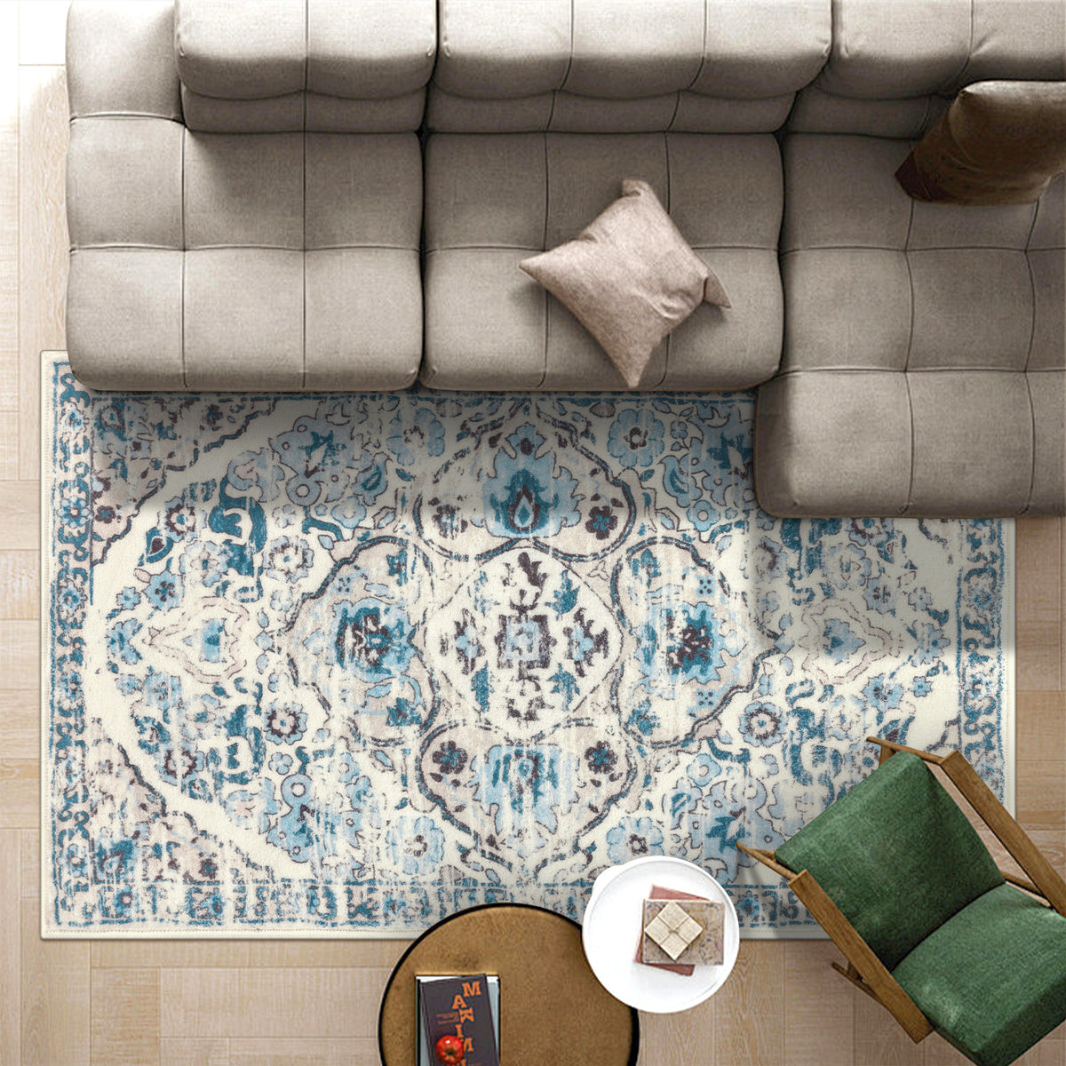 MeyJey Boho Indoor Hallway Runner Rug, Oriental Non Slip Machine Washable Area Rug Distressed Vintage Floor Carpet for Bedroom Kitchen Dinning/Living/Laundry Room, Blue/Beige