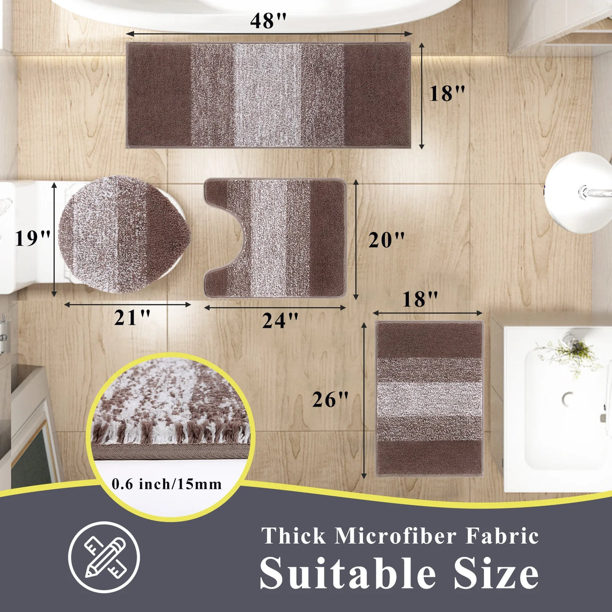 MeyJey Striped Microfiber Bath Rug Set Non-Slip, Brown, 4 Count, Machine Washable