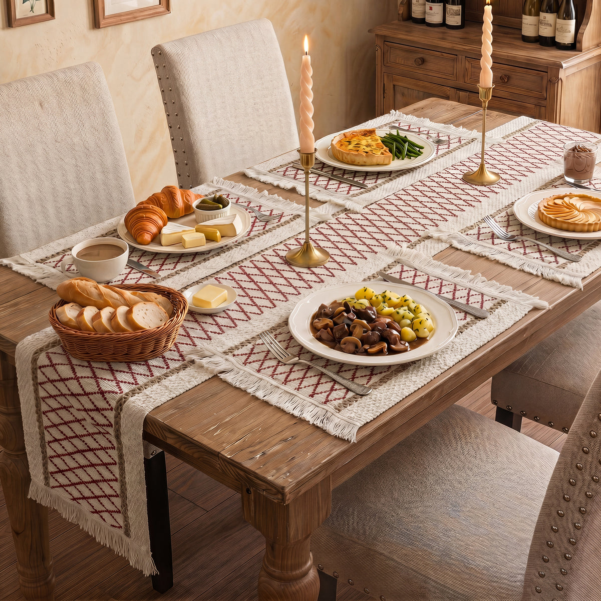 MeyJey 5 Pcs Table Runner and Placemats Set, Washable Fabric Rectangle Dining Table Mats with Tassels for Dining Tables, Kitchen, Red/Beige
