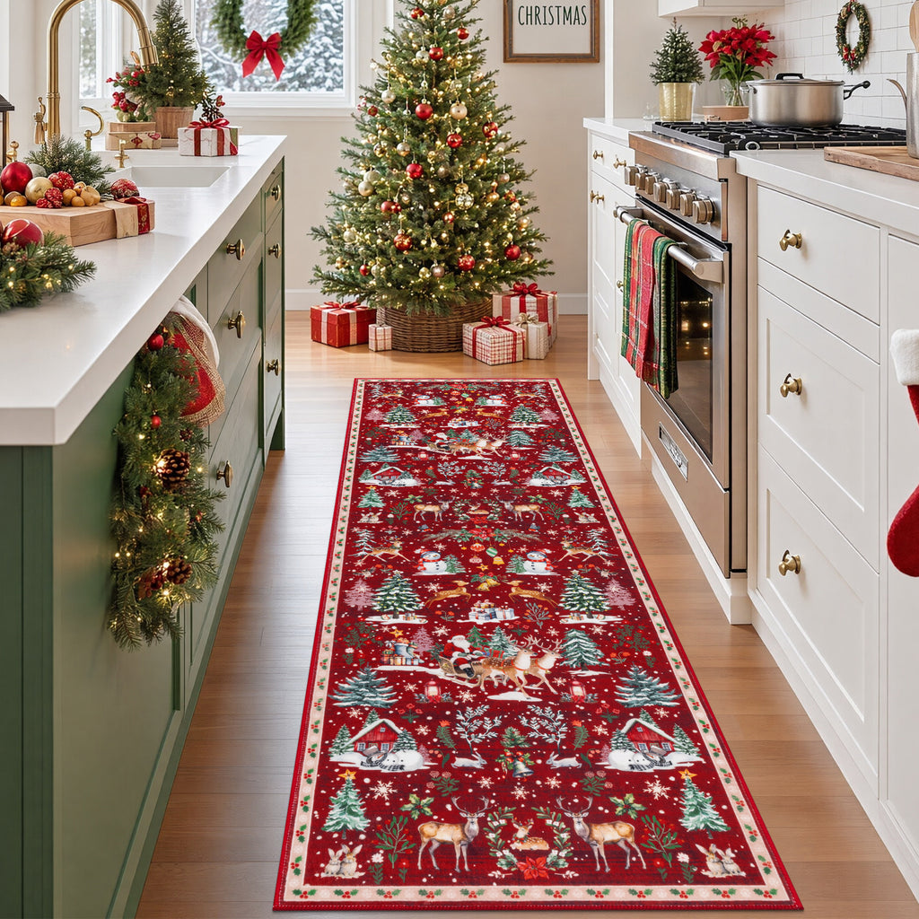 MeyJey 2'x6' Christmas Runner Rug for Hallway , Non Slip Machine Washable Rugs Holiday Decoration Floor Carpet for Bedroom Kitchen Living Room, Red/Green/White