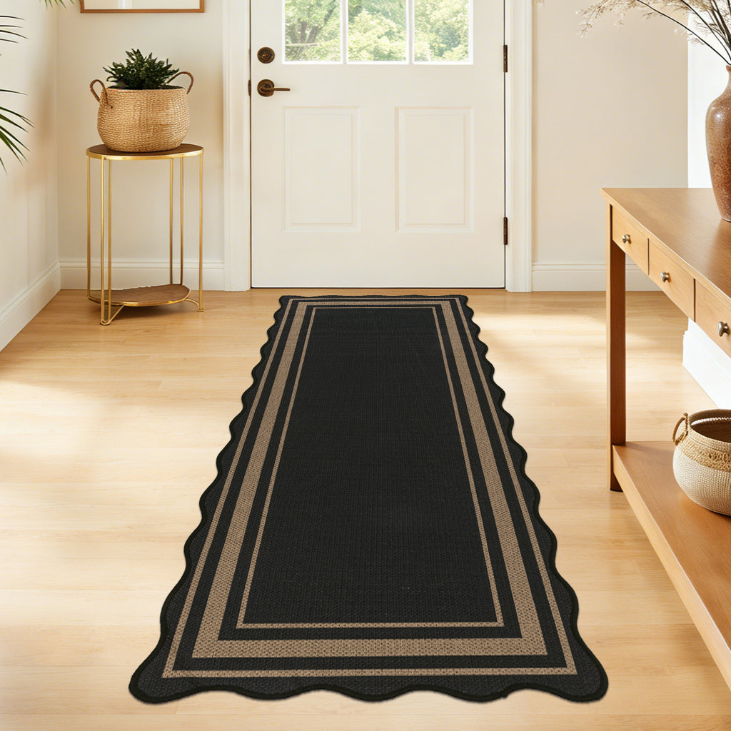 MeyJey 2'x5' Runner Rug for Hallway, Washable Kitchen Rugs Non Slip Solid Tan Jute Scalloped Indoor Carpet for Entryway Laundry Room Floor Mats