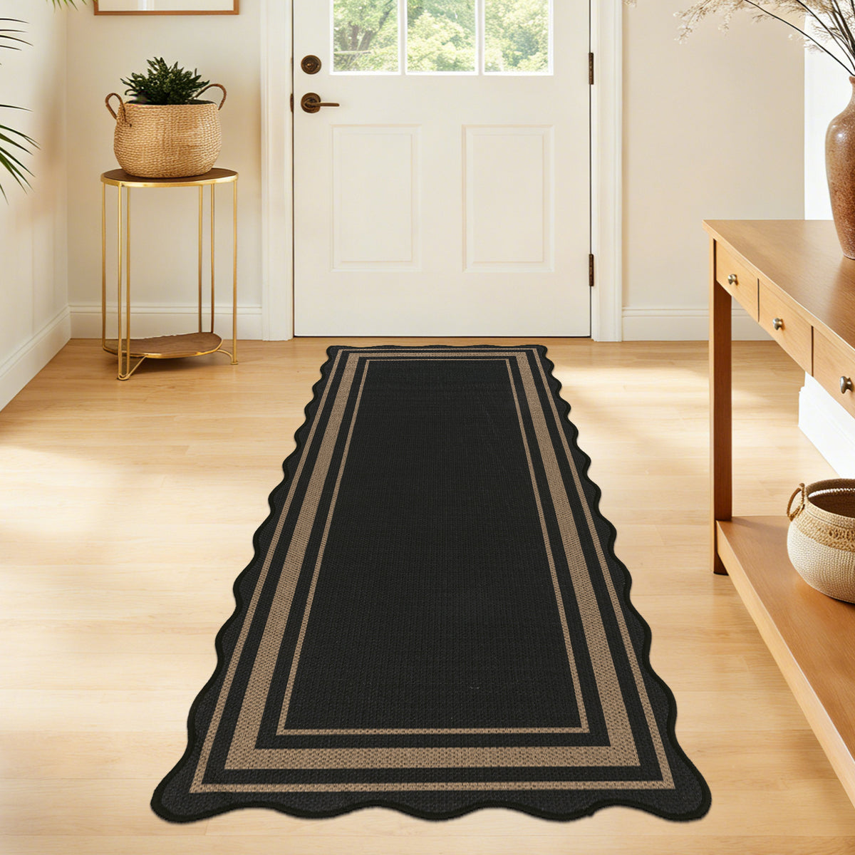 MeyJey 2'x5' Runner Rug for Hallway, Washable Kitchen Rugs Non Slip Solid Tan Jute Scalloped Indoor Carpet for Entryway Laundry Room Floor Mats