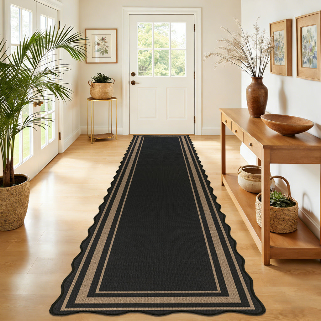 MeyJey 2'x10' Runner Rug for Hallway, Washable Kitchen Rugs Non Slip Faux Jute Scalloped Indoor Carpet for Entryway Laundry Room Floor Mats