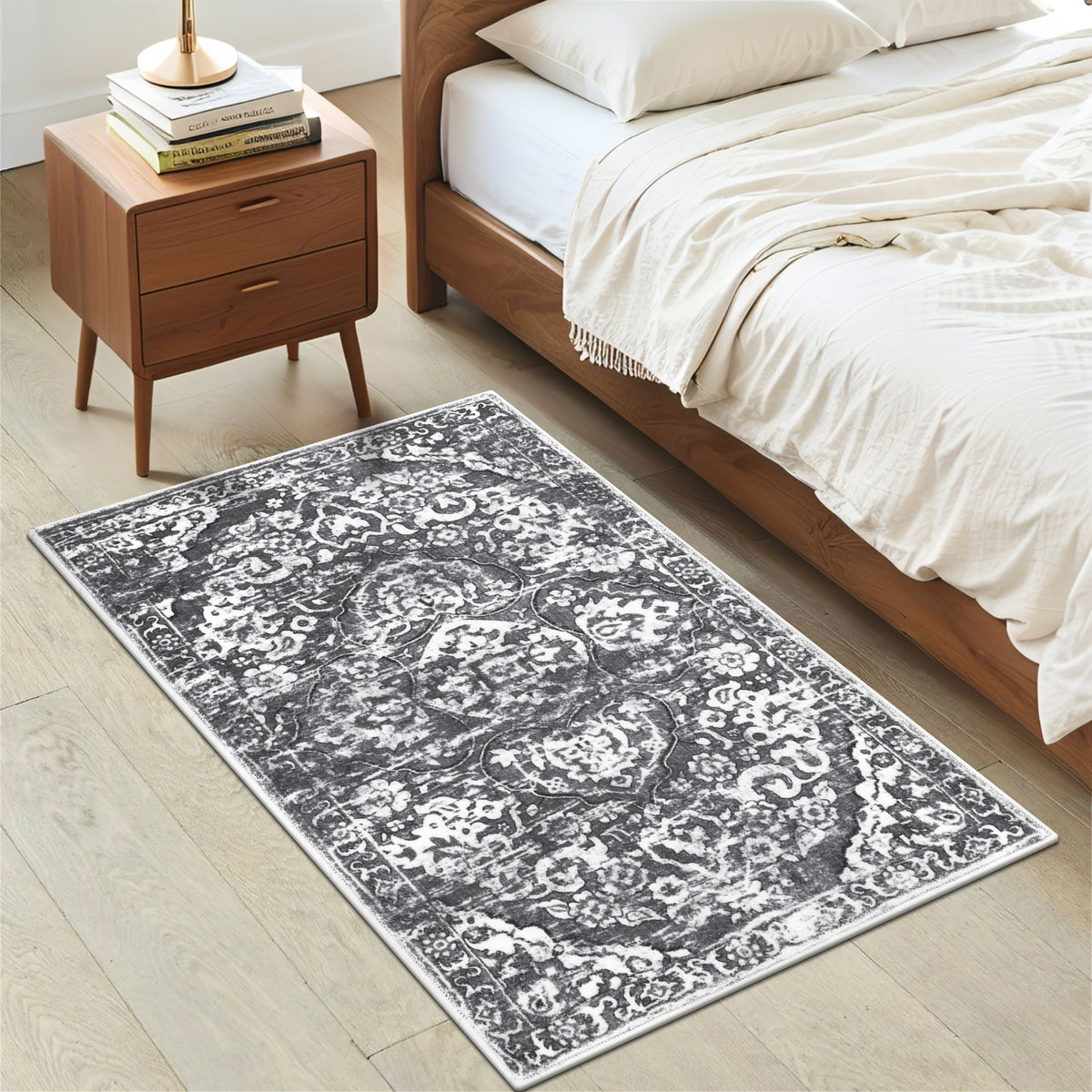 MeyJey Boho Indoor Hallway Runner Rug, Oriental Non Slip Machine Washable Area Rug Distressed Vintage Floor Carpet for Bedroom Kitchen Dinning/Living/Laundry Room, Gray