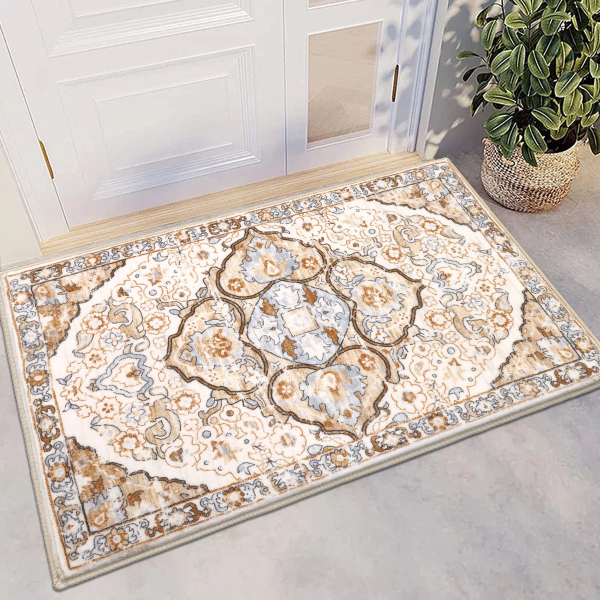 MeyJey Boho Indoor Living Room Area RugNon-Slip Machine Washable Vintage Oriental Distressed Floor Carpet for Bedroom Dining Kitchen Hallway Nursery, Cream/Orange