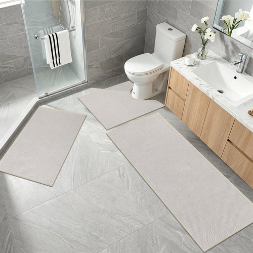 Ileading 3pcs Bathroom Rugs Set with U-Shaped Mat, Non Slip, Soft, Absorbent Bath Mats for Tub, Shower, Toilet 18"x26"+18"x48"+U Shape 20"x24" Beige