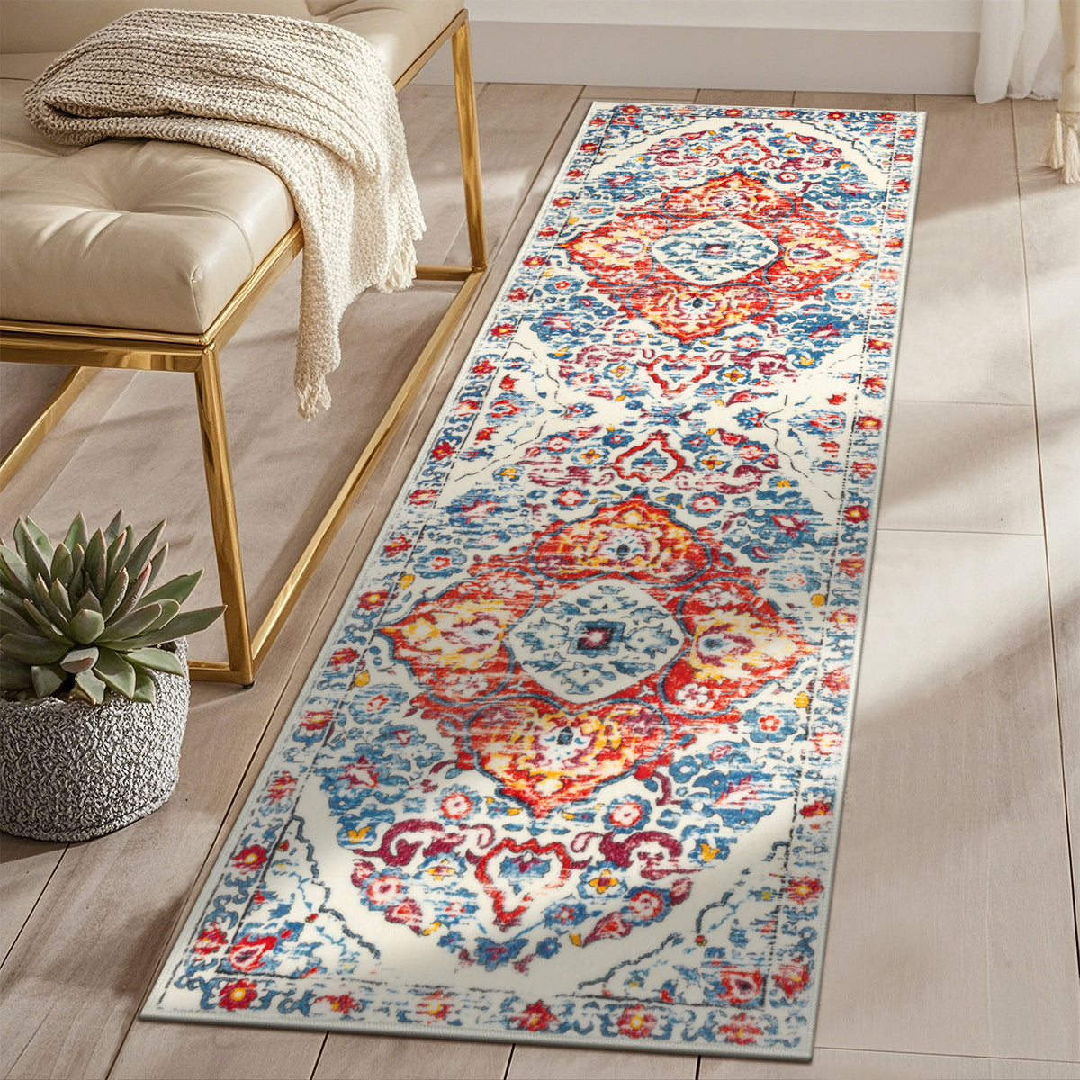 MeyJey Boho Indoor Hallway Runner Rug, Oriental Non Slip Machine Washable Area Rug Distressed Vintage Floor Carpet for Bedroom Kitchen Dinning/Living/Laundry Room, Red/Blue/Beige