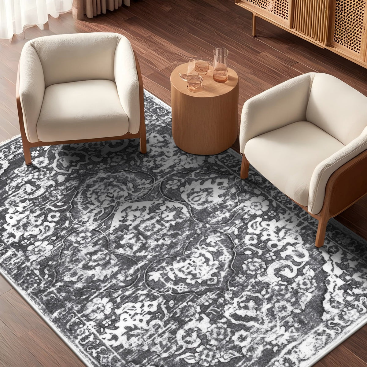 MeyJey Boho Indoor Living Room Area Rug Non-Slip Machine Washable Vintage Oriental Distressed Floor Carpet for Bedroom Dining Kitchen Hallway Nursery